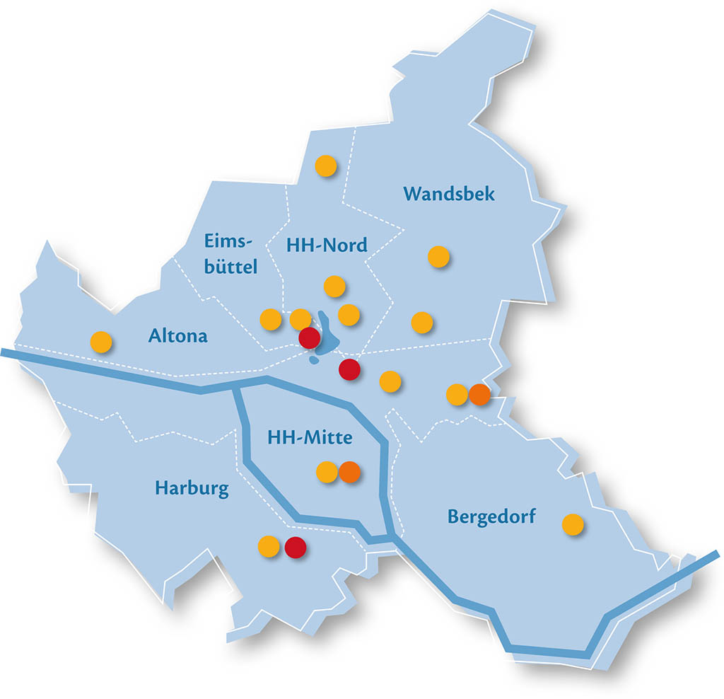 Karte von Hamburg mit markierten Schulstandorten