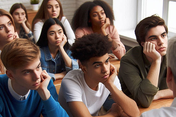 Eine Gruppe SchülerInnen sitzen ein wenig gelangweilt in einer Klasse und hören dem Lehrer zu.