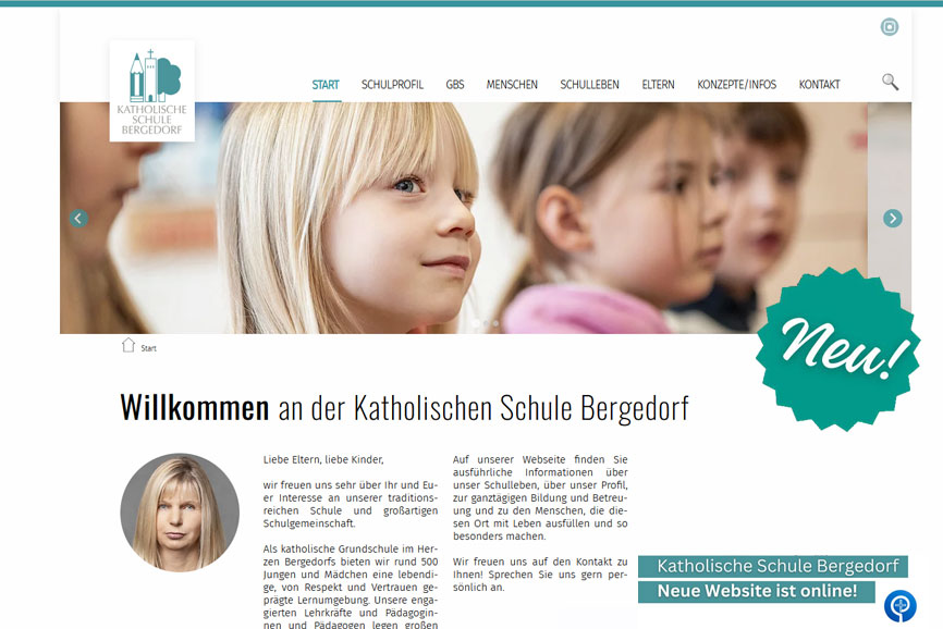 Hier ist die Startseite des neuen Webauftritts der Katholischen Schule Bergedorf zu sehen als Screenshot