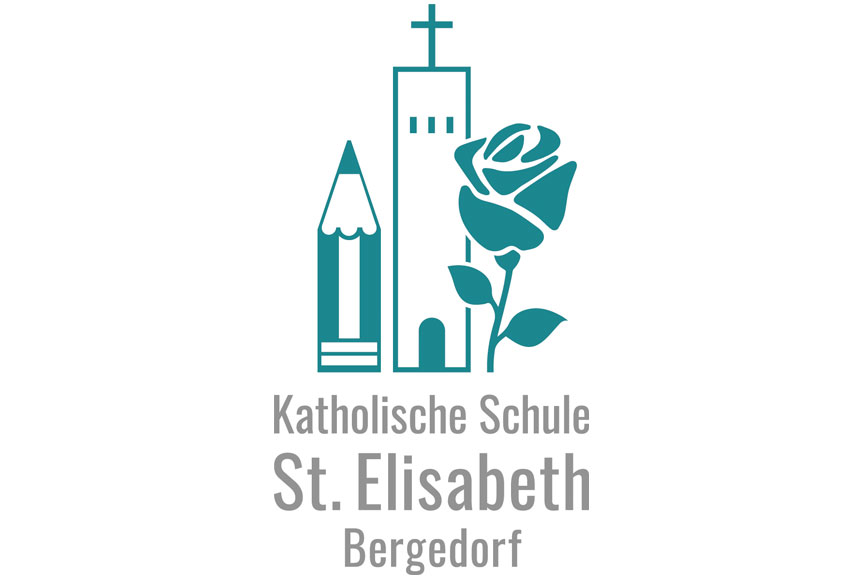 Aus „Katholische Schule Bergedorf“ wird „Katholische Schule St. Elisabeth Bergedorf“ Hier zu sehen, das neue Logo der Schule (Rose, Kirche und Bleistift) in Petrolfarben mit grauer Schrift.