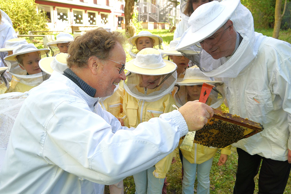 Gemeinsam mit 25 Erstklässlern stand Hamburgs Oberhirte Erzbischof Stefan Heße im sonnigen Schulgarten rund um die schuleigenen Bienenvölker, um einen Blick auf Waben und Honigbienen zu werfen.